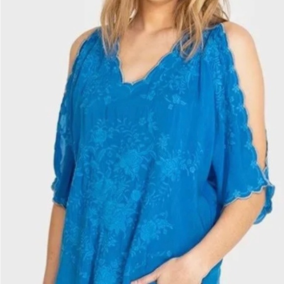 JOHNNY WAS KELLY COLD SHOULDER EMBROIDERED BLOUSE TOP BLUE SIZE MEDIUM - Picture 5 of 5